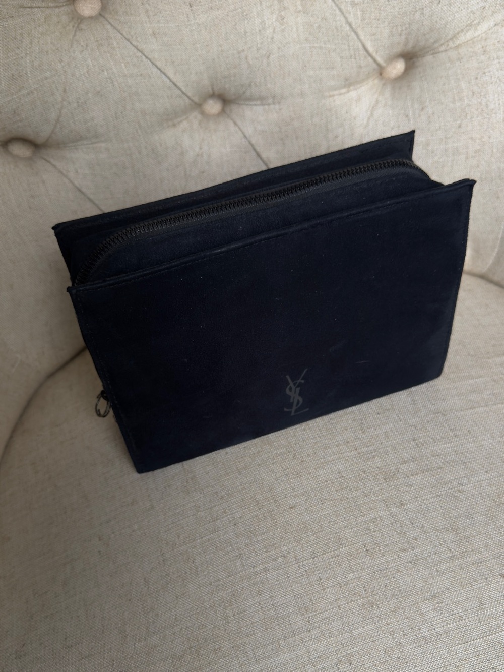 Vintage Yves Saint Laurent cosmetic pouch / clutch in black suede-like material